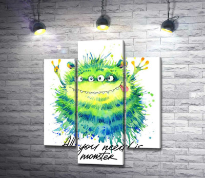 Модульна картина "Зелений чотириокий монстр з написом "all you need is monster""