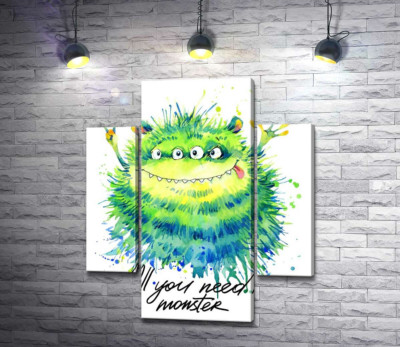 Модульна картина "Зелений чотириокий монстр з написом "all you need is monster""
