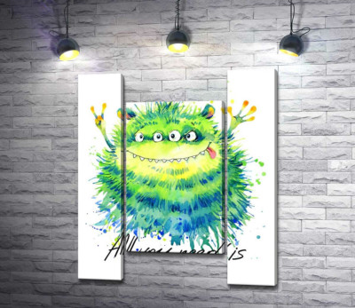 Зеленый четырехглазый монстр с надписью "all you need is monster"