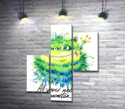 Модульная картина "Зеленый четырехглазый монстр с надписью "all you need is monster""