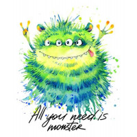 Зеленый четырехглазый монстр с надписью "all you need is monster"