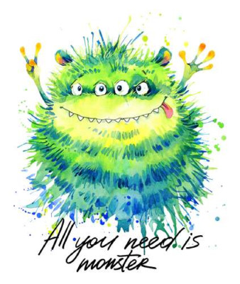 Зеленый четырехглазый монстр с надписью "all you need is monster"