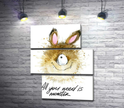 Модульна картина "Пухнастий циклоп із заячими вухами та написом "all you need is monster""