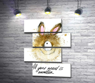 Модульна картина "Пухнастий циклоп із заячими вухами та написом "all you need is monster""