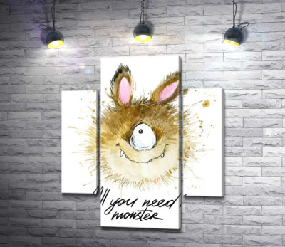 Модульная картина "Пушистый циклоп с заячьими ушами и надписью "all you need is monster""