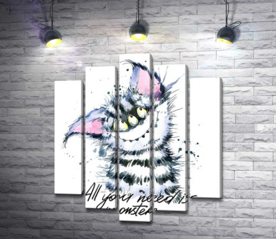 Модульна картина "Смугастий монстр з котячою мордочкою та написом "all you need is monster""