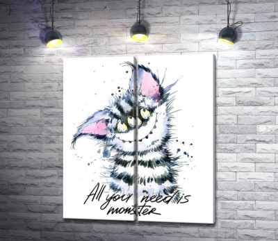 Модульна картина "Смугастий монстр з котячою мордочкою та написом "all you need is monster""