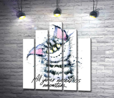 Модульна картина "Смугастий монстр з котячою мордочкою та написом "all you need is monster""