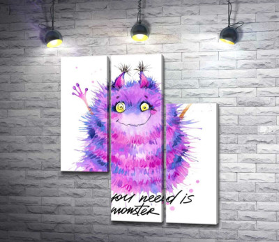 Модульна картина "Пухнастий фіолетовий монстр із написом "all you need is monster""