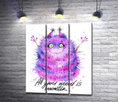 Пушистый фиолетовый монстр с надписью "all you need is monster"
