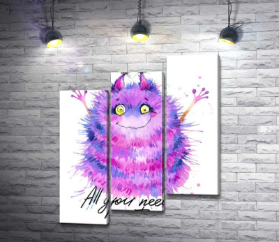 Модульная картина "Пушистый фиолетовый монстр с надписью "all you need is monster""