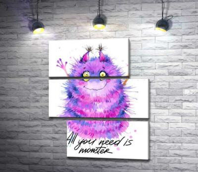 Пухнастий фіолетовий монстр із написом "all you need is monster"