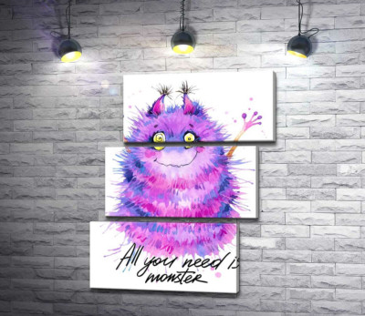 Модульна картина "Пухнастий фіолетовий монстр із написом "all you need is monster""