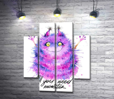 Модульна картина "Пухнастий фіолетовий монстр із написом "all you need is monster""