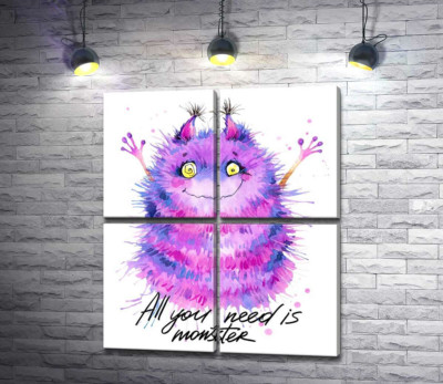 Модульна картина "Пухнастий фіолетовий монстр із написом "all you need is monster""