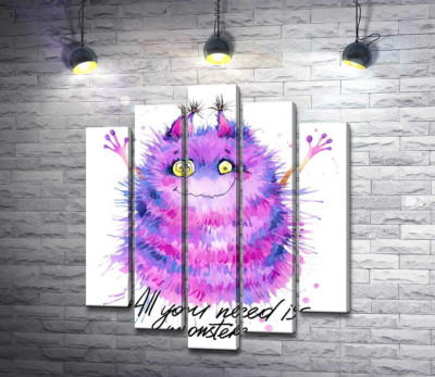 Пухнастий фіолетовий монстр із написом "all you need is monster"