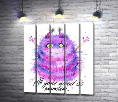 Модульная картина "Пушистый фиолетовый монстр с надписью "all you need is monster""