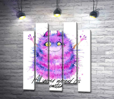 Модульная картина "Пушистый фиолетовый монстр с надписью "all you need is monster""