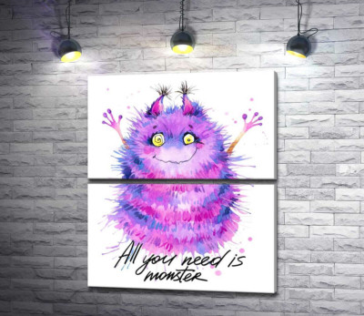 Модульна картина "Пухнастий фіолетовий монстр із написом "all you need is monster""