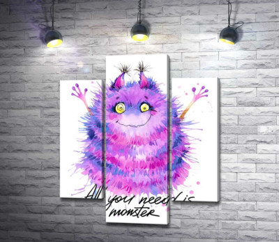 Модульна картина "Пухнастий фіолетовий монстр із написом "all you need is monster""