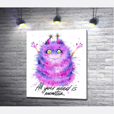 Пухнастий фіолетовий монстр із написом "all you need is monster"
