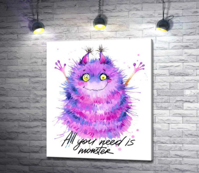 Пухнастий фіолетовий монстр із написом "all you need is monster"