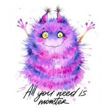 Пушистый фиолетовый монстр с надписью "all you need is monster"