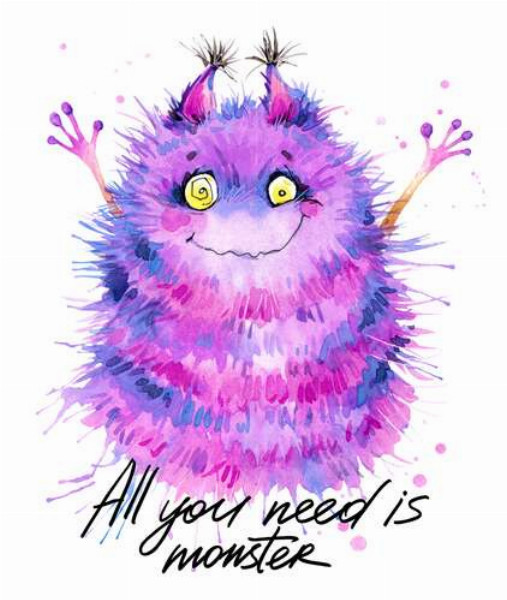 Пушистый фиолетовый монстр с надписью "all you need is monster"