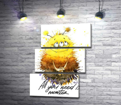 Модульная картина "Застенчивый пушистый монстр с надписью "all you need is monster""