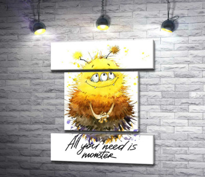 Модульна картина "Сором'язливий пухнастий монстр із написом "all you need is monster""