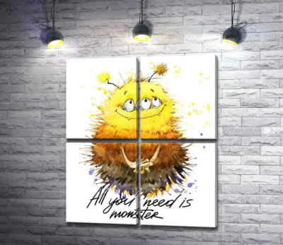 Модульная картина "Застенчивый пушистый монстр с надписью "all you need is monster""