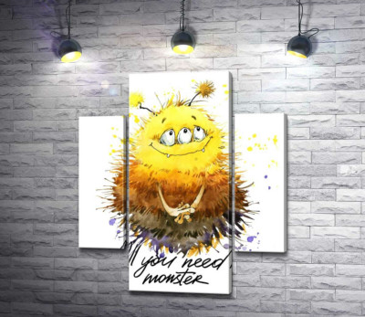 Модульна картина "Сором'язливий пухнастий монстр із написом "all you need is monster""