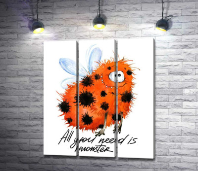 Модульная картина "Красный пятнистый монстр с крыльями и надписью "all you need is monster""