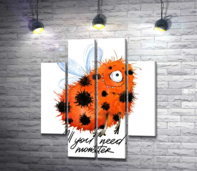 Модульная картина "Красный пятнистый монстр с крыльями и надписью "all you need is monster""