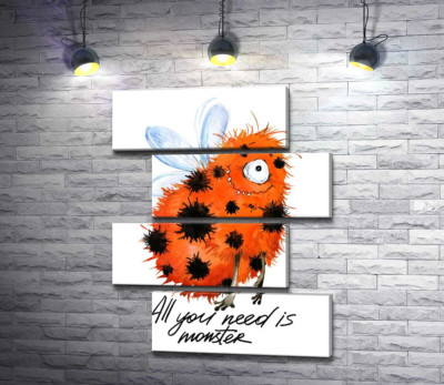 Червоний плямистий монстр із крилами та написом "all you need is monster"