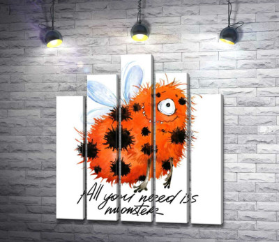 Модульная картина "Красный пятнистый монстр с крыльями и надписью "all you need is monster""