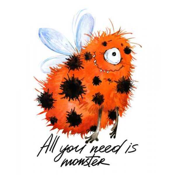 Червоний плямистий монстр із крилами та написом "all you need is monster"