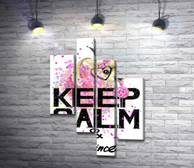Чихуахуа в пышной юбке с леденцом среди надписи "keep calm and be princess"