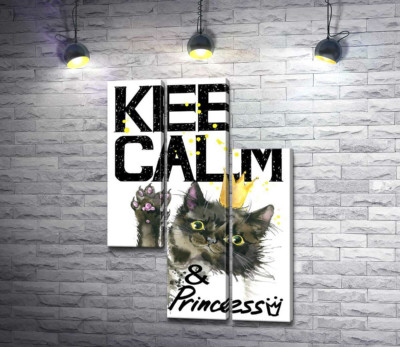 Модульная картина "Черная кошка в золотой короне среди надписи "keep calm and be princess""