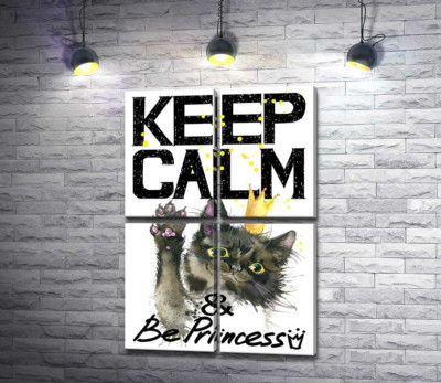 Модульная картина "Черная кошка в золотой короне среди надписи "keep calm and be princess""