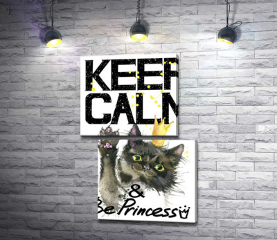 Модульна картина "Чорна кішка в золотій короні серед напису "keep calm and be princess""