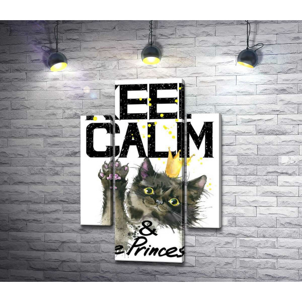 Чорна кішка в золотій короні серед напису "keep calm and be princess"