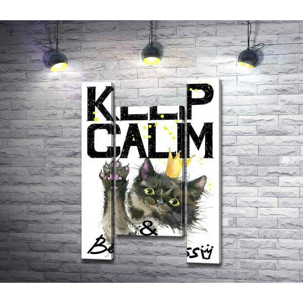 Чорна кішка в золотій короні серед напису "keep calm and be princess"