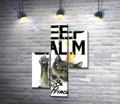 Модульна картина "Чорна кішка в золотій короні серед напису "keep calm and be princess""