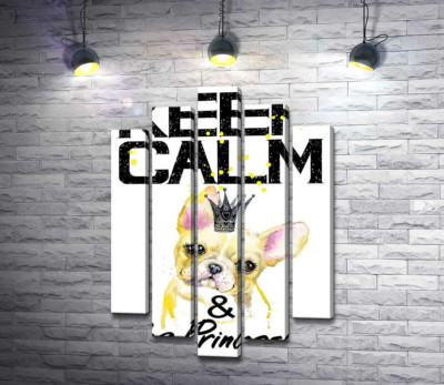 Бульдог в ажурной короне среди надписи "keep calm and be princess"