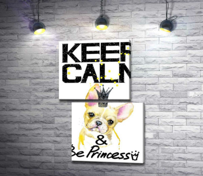 Модульная картина "Бульдог в ажурной короне среди надписи "keep calm and be princess""