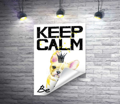 Бульдог в ажурной короне среди надписи "keep calm and be princess"