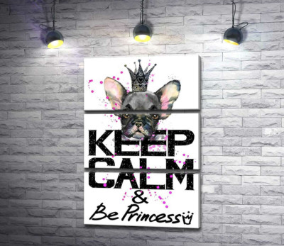 Голова бульдога видніється над написом "keep calm and be princess"