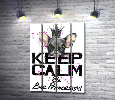 Голова бульдога видніється над написом "keep calm and be princess"