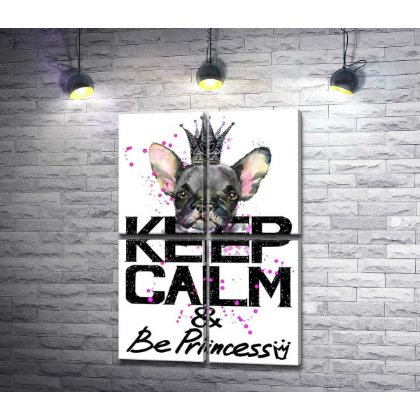 Голова бульдога видніється над написом "keep calm and be princess"